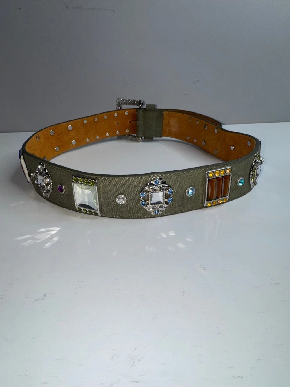 Vintage Olive Green Jeweled Statement Belt – Multicolor Rhinestone Buckle – Boho